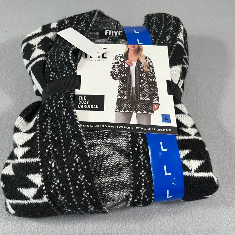 NEW FRYE Women's The Cozy Cardigan Blk/wht Geometric Jacquard Knit Open Front L - Picture 5 of 5
